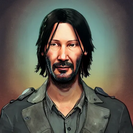 Image similar to keanu reevez in the art style of disco elysium