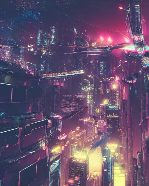 Image similar to cyberpunk drone above a city, scifi, futuristic, neon light, highly detailed, concept art, sharp focus, trending on artstation, intricate, atmosphere, raining, art by roman makarenko, dzung phung dinh