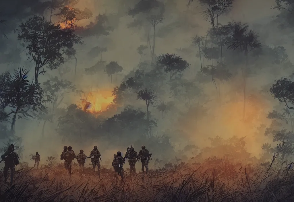 Image similar to handmade illustration of an epic Vietnam war scene with a few american soldiers walking, the jungle at the background, some smoke and fire, blue sky with dramatic clouds, line art, ink, watercolor by Kilian Eng and by Jake Parker, heavy brushstrokes, winning-award masterpiece, fantastic, octane render, 8K HD Resolution, High quality image