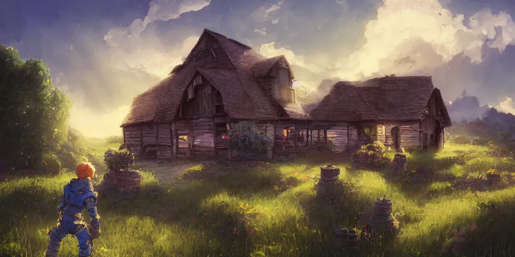 Prompt: an illustration of a house with large barn with many cute flower pots and beautiful blue sky scenery. earth golem standing in yard, cinematic view, epic sky, detailed, concept art, low angle, high detail, warm lighting, volumetric, godrays, vivid, beautiful, by jordan grimmer, huge scene, grass, art greg rutkowski