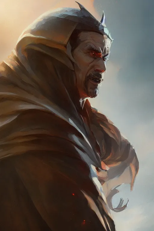 Image similar to dungeons and dragons evil sorcerer character closeup portrait, dramatic light, lake background, 2 0 0 mm focal length, painted by stanley lau, painted by greg rutkowski, painted by stanley artgerm, digital art, trending on artstation