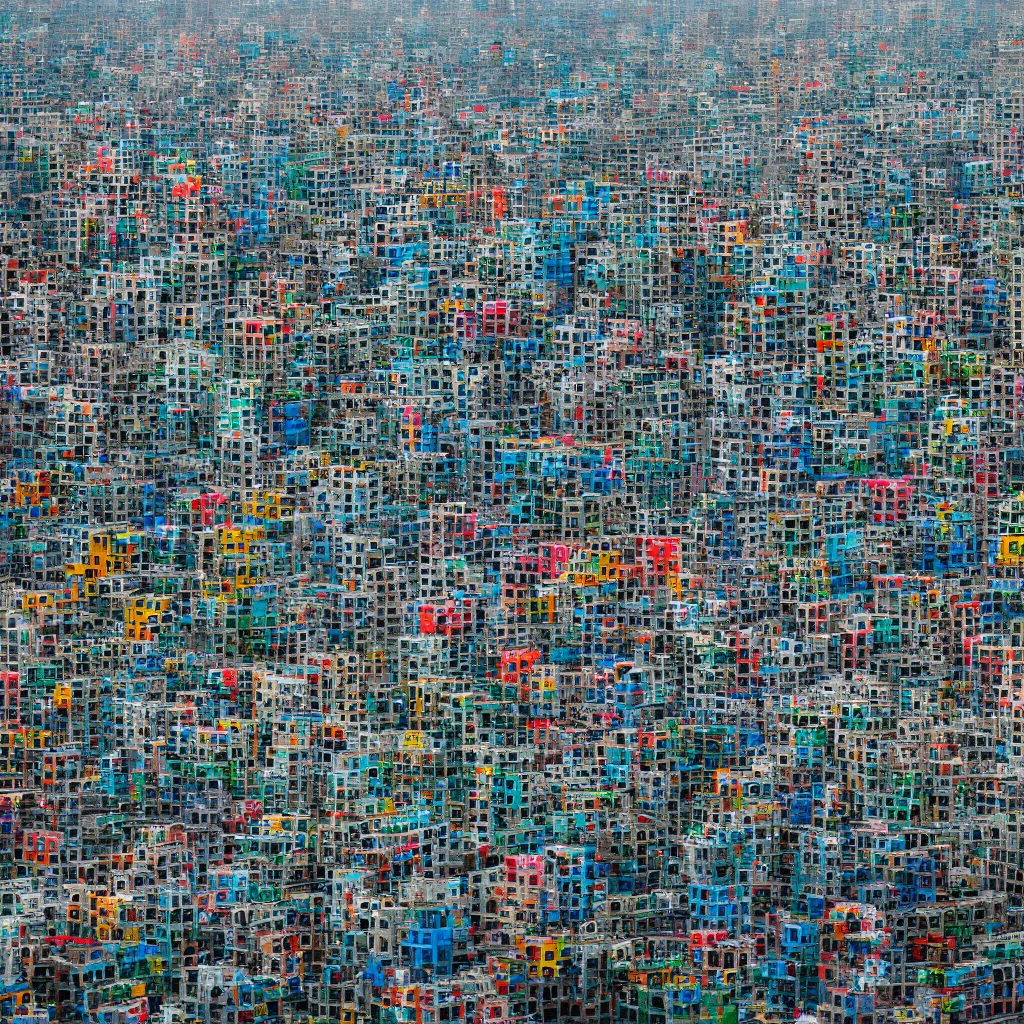 Image similar to a circular tower, made up of colourful makeshift squatter shacks in city downtown, dystopia, sony a 7 r 3, f 1 1, fully frontal view, ultra detailed, photographed by andreas gursky,