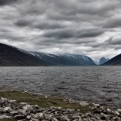 Prompt: a fjord in kazakhstan with a large satanic damn at the end of it. grainy, surreal, overcast sky.