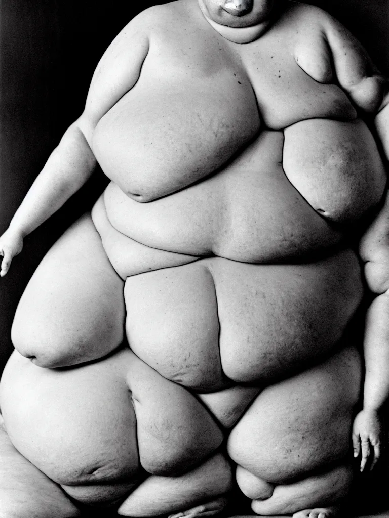 Prompt: a portrait photograph of an extremely obese donald trump wearing a skimpy bikini, his body is covered in boils, gargantuan warts and skintags. perfect focus and detail, in style of david bailey for playgirl.