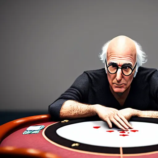 Image similar to larry david playing poker, photorealistic studio portrait, studio lighting, unreal engine 5, hyperrealistic, dynamic lighting, white ambient background, realistic, highly detailed