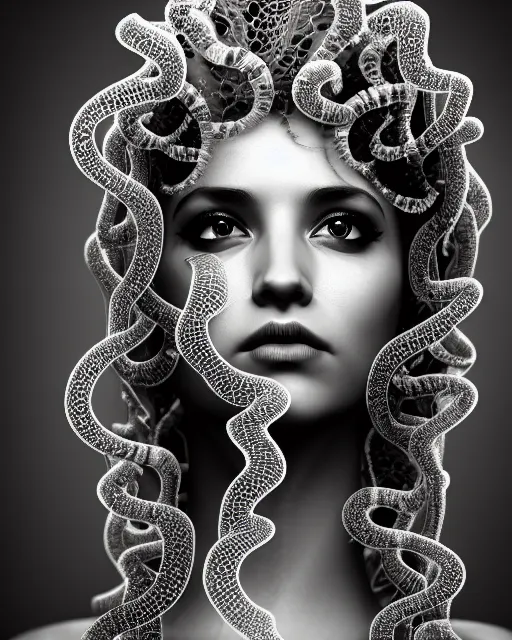 Image similar to surreal mythical dreamy artistic black and white fine art photo of a beautiful young female queen - medusa - cyborg covered with lace fish scales and translucent algae, highly detailed, intricate crystal ivy lace jelly fish scales ornate, poetic, octane render, 8 k, photo - realistic