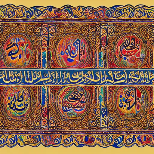 Prompt: arabian calligraphic, colorful with gold details