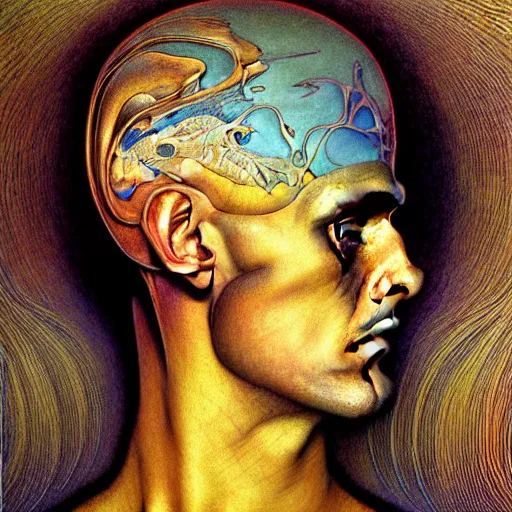 Prompt: realistic extremely detailed portrait painting of an average futuristic man by Jean Delville, Amano, Yves Tanguy, Alphonse Mucha, Ernst Haeckel, Edward Robert Hughes, Roger Dean, rich muted pastel moody colors, gold eyes