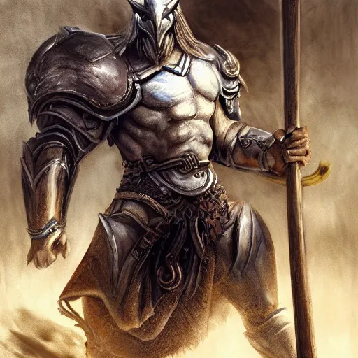 Image similar to Giant minotaur humanoid beast warrior with two handed axe, human face, concept art, heavy white and golden armor, giant taurus horns, long mane, full body, muscular, dungeons and dragons, hyperrealism, high details, digital painting, dark fantasy, grim helmet