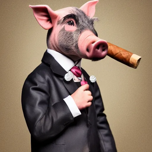 Image similar to a pig wearing a suit and a monocle, smoking a cigar, hyper realistic, 8k, portrait photography