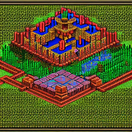 Image similar to a pixelart scene of an isometric jungle temple