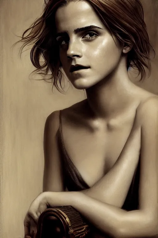 Image similar to emma watson gathered faille v - neck detailed portrait painting by gaston bussiere craig mullins j. c. leyendecker award winning photograph photorealsitic octane render photograph by richard avedon peter lindbergh monochrome studio lighting