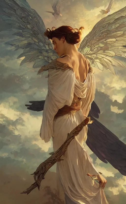 Prompt: pan angel with very large wings, highly detailed, digital painting, artstation, concept art, sharp focus, illustration, art by greg rutkowski and alphonse mucha