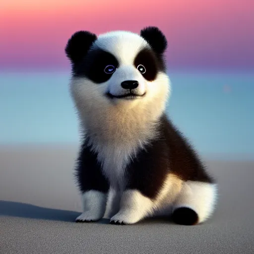 Image similar to a closeup photorealistic photograph of a panda themed Pomeranian puppy at the beach during sunset This 4K HD image is Trending on Artstation, featured on Behance, well-rendered, extra crisp, features intricate detail and the style of Unreal Engine.