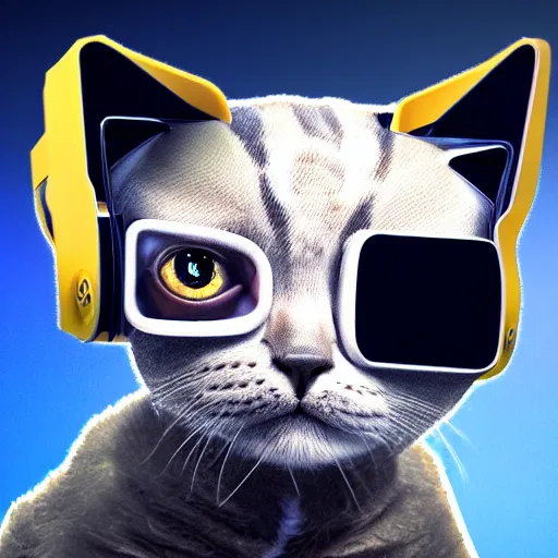 Image similar to crypto trading lyoki kitten from the future, wearing a cool vr headset 8 k hyperrealistic, trending on artstation