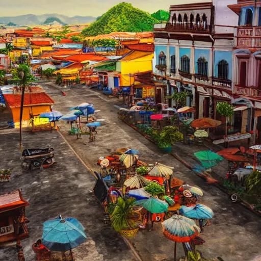 Image similar to a painting or vigan city philippines, 8 k, high definition, highly detailed, photo - realistic