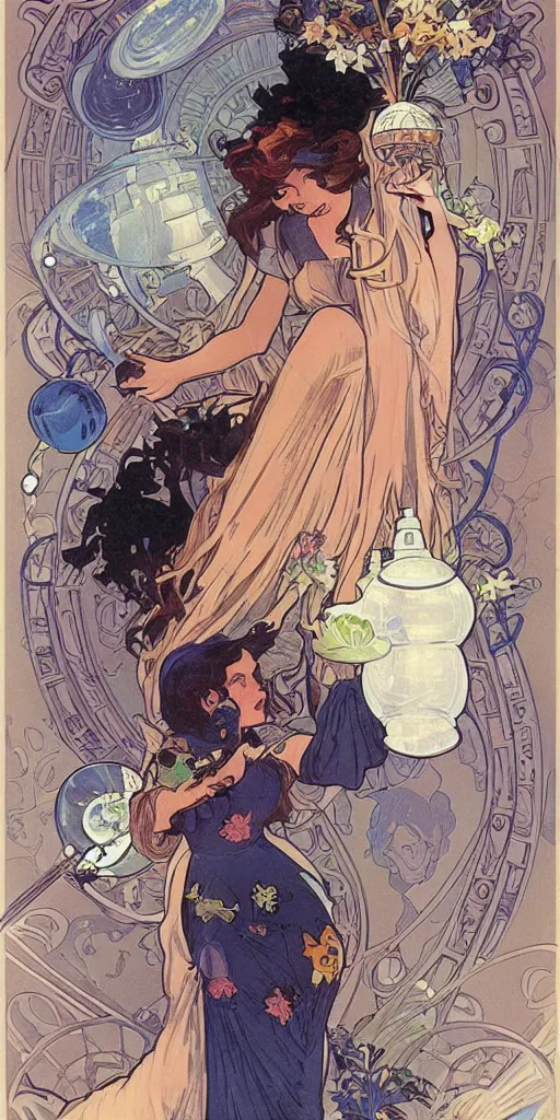 Prompt: a woman wearing outer space as a dress, pouring water from a vase into the milky way, by joe madura, by alphonse mucha, battle chasers.