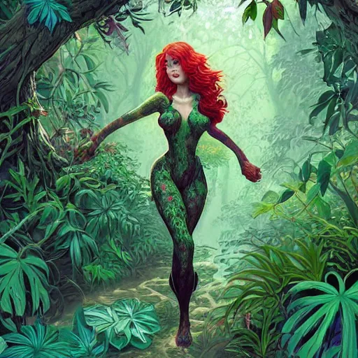 Image similar to a beautiful painting of poison ivy walking in the jungle, blooming jungle flowers, tall old growth trees, intricate, elegant, highly detailed, digital painting, artstation, concept art, matte, sharp focus, illustration, by dan mumford, yusuke murata, makoto shinkai, ross tran