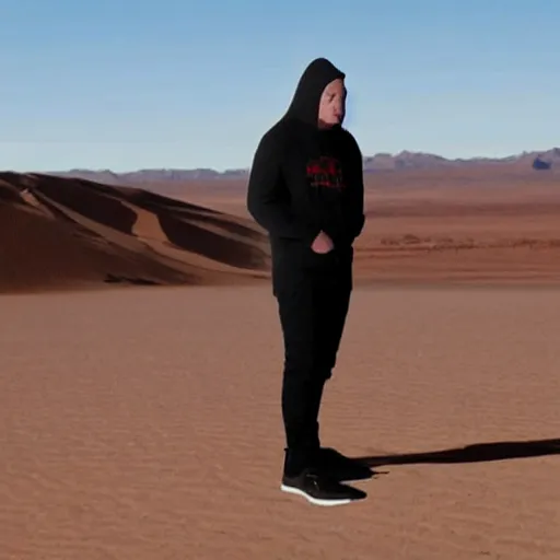 Image similar to elon musk as a hooded traveler in the desert