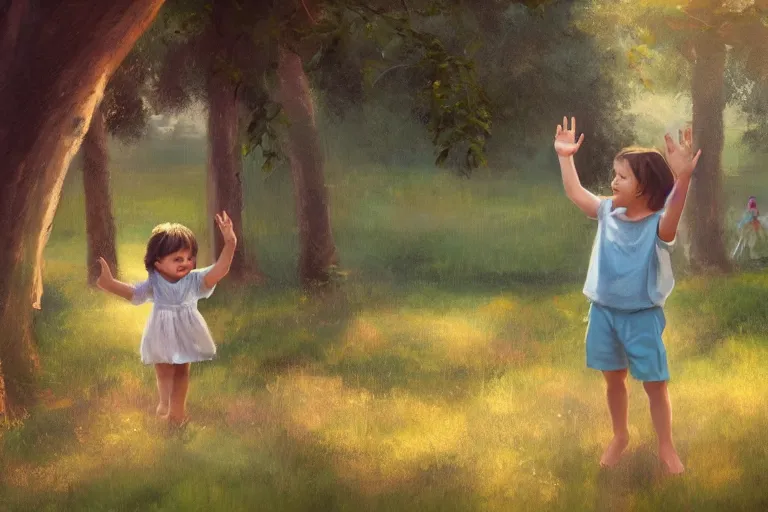 Image similar to portrait painting of cute little kids waving their hands, full body framing, dreamy matte colors, from a dreamy garden by the lake, night time, photorealistic faces and skin tones, volumetric lighting, smooth, trending on artstation, moonlit backdrop, 4 k