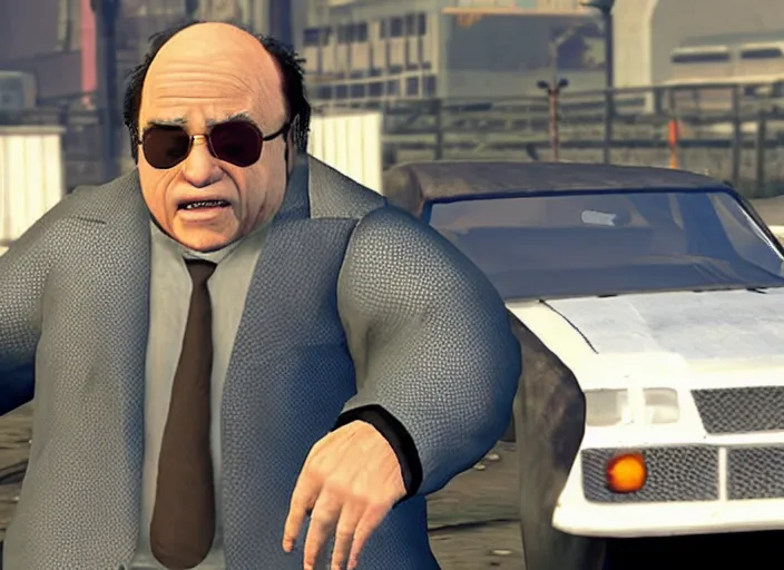 Image similar to video game still of danny devito in the video grand theft auto iv,