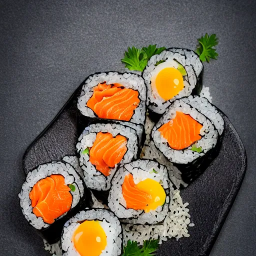 Image similar to toasted seaweed wrapped around sushi rice, filled with smoked salmon and free range eggs, 8 k resolution, food photography, studio lighting, sharp focus, hyper - detailed