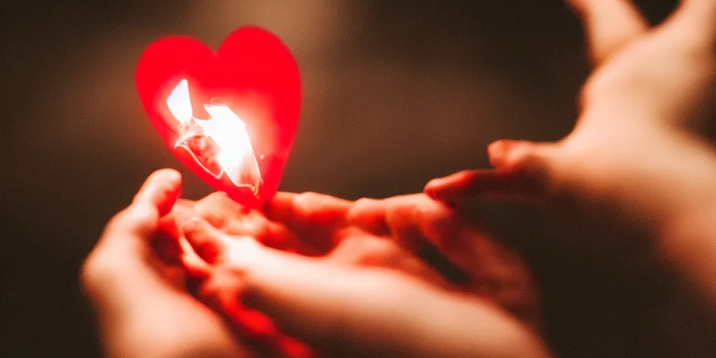 Prompt: a bloody heart being held by a hand, at night, torch lit, shallow depth of field