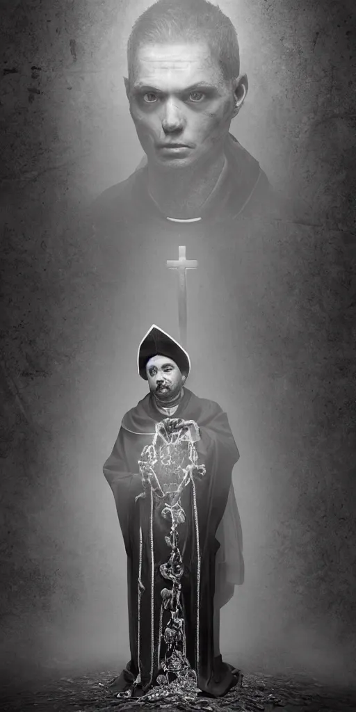 Image similar to a highly realistic and detailed full Priest standing in a dark dirty basement holding a rosary, wide angle 70mm lens, volumetric haze, front facing camera, symmetrical, photorealistic, insanely detailed and intricate, epic, hyper realistic, elegant, ornate, elite, horror, creepy, ominous, haunting, cinematic lighting, unreal engine, cinematic centered camera, high detail, no blur, unreal engine 8k