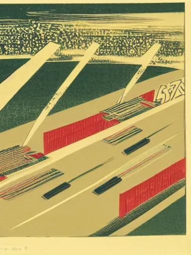 Prompt: japanese woodblock print of a formula 1 race