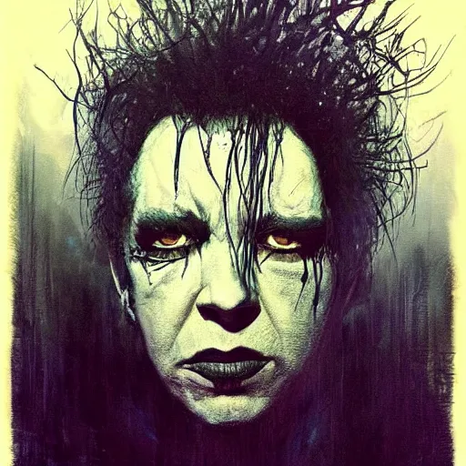 Prompt: stunning portrait of gaunt ( the cure fan ) as dream from sandman, dim stars as eyes, by jeremy mann, by cedric peyravernay, by by russ mills, by richard avedon and ben templesmith, dramatic lightning, sadness, dark eye sockets, in the shadows, punk rock, gothic, high detailed, 8 k