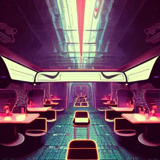 Image similar to futuristic cyberpunk restaurant, interior architecture view, beautiful detailed pixelart by albertov, intricate details, beautiful, dithered gradients, volumetric lighting, cgsociety, artstation, smooth, sharp focus, 2 d illustration, by greg rutkowski, amazing art by dan mumford