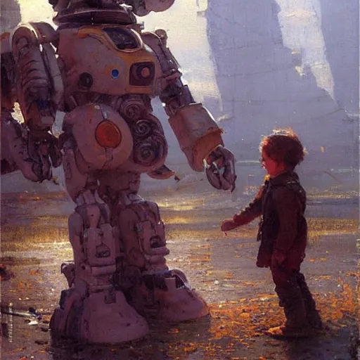 Prompt: a little boy holding hands with an enormous robot. detailed. by gaston bussiere. krzysztof maziarz. greg rutkowski