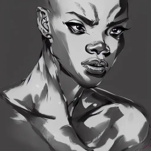 Prompt: portrait of a bald black woman, dramatic lighting, illustration by Rossdraws, yoji shinkawa, 4k, digital art, concept art, trending on artstation