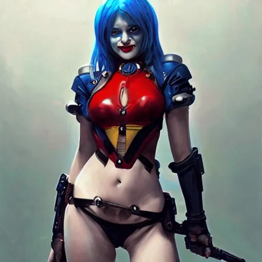 Image similar to portrait of cute Harley Quinn in bikini armor, dc comics, cyberpunk, Warhammer 40000, dark fantasy, digital art from artstation by Ruan Jia and Mandy Jurgens and Artgerm and william-adolphe bouguereau