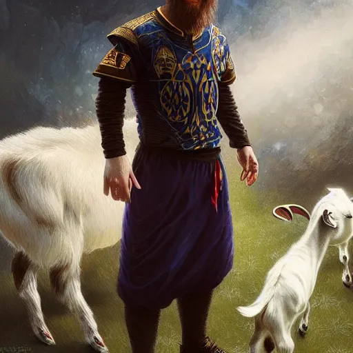 Image similar to Lionel Messi standing beside a goat, D&D, fantasy, intricate, elegant, highly detailed, digital painting, artstation, concept art, matte, sharp focus, illustration, art by Artgerm and Greg Rutkowski and Alphonse Mucha