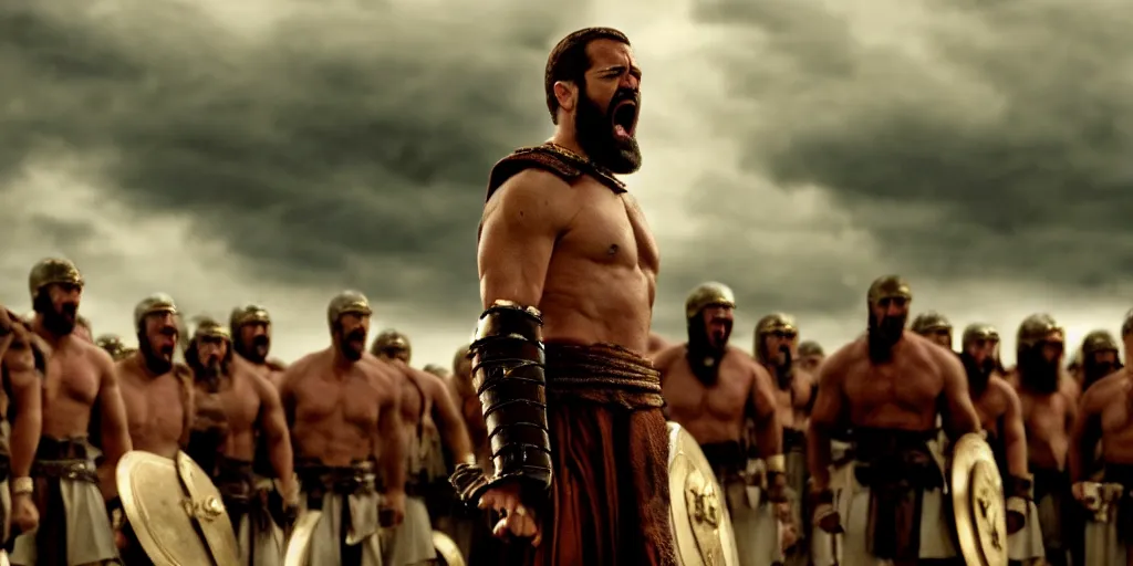 Image similar to cinematic film still of joe biden as leonidas shouting in 3 0 0 movie, 8 k, epic moody sky, dramatic lighting