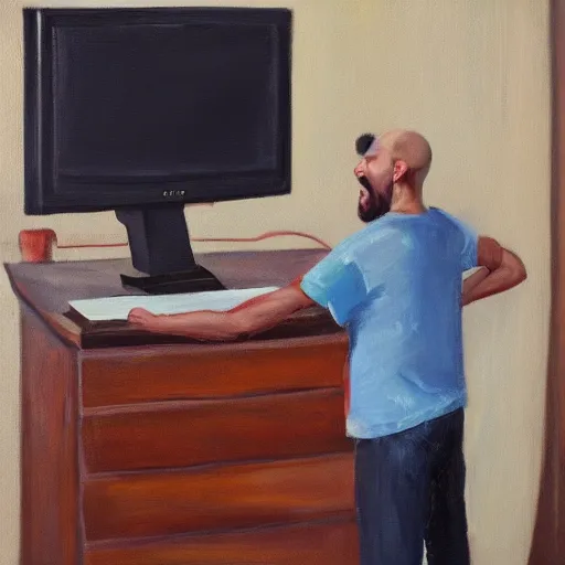 Image similar to an angry man yells at his computer monitor, oil on canvas, highly detailed, high resolution