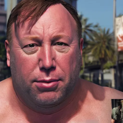 Image similar to hyperrealistic mixed media image of info wars alex jones wearing a bikini and wielding a handgun in gta v, stunning 3 d render inspired art by xiang duan and thomas eakes and greg rutkowski, perfect facial symmetry, hyper realistic texture, realistic, highly detailed attributes and atmosphere, dim volumetric cinematic lighting, 8 k octane detailed render, post - processing, masterpiece,