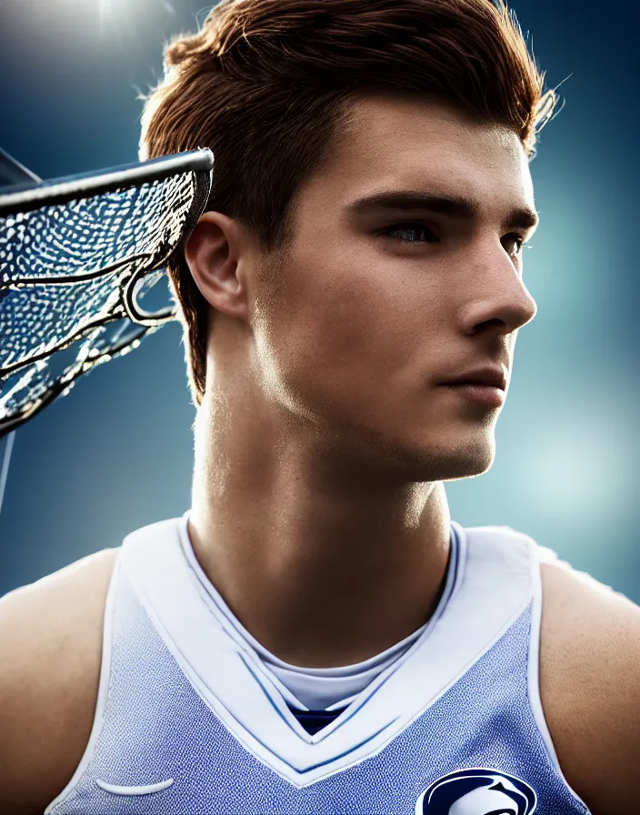 Image similar to closeup portrait of very beautiful cute male lacrosse player in a penn state stadium, glamour pose, particle effects, backlit, highly detailed, soft ambient lighting, sharp focus, rule of thirds, artgerm, wlop, arney freytag, rossdraws, frank frazetta, andrei riabovitchev, hd, octane, 4 k