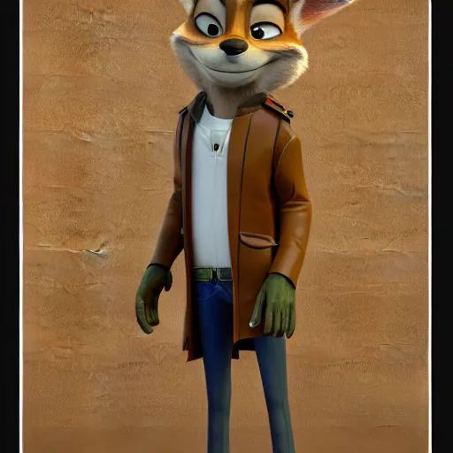 Image similar to portrait, 3 d render, anthropomorphic coyote male, wearing along brown leather maxi coat, in the style of zootopia