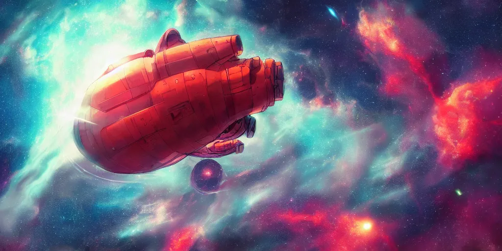 Image similar to Space Ship in Space, Tardigrade, Hyper detailed, Anime, Gurren Lagan, Surreal Space, Red Dust, Nebula, Galaxy, 4k, Illustration