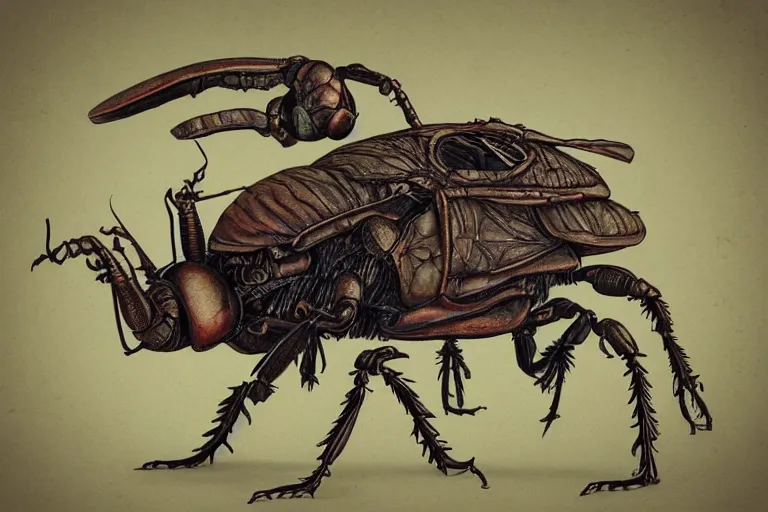 Prompt: beetle stork demolisher , in the style of Greg Broadmore and Arthur Rackham and Moebius,trending on artstation, light lighting side view,digital art,surrealism ,macro,blueprint ,vaporwave ,