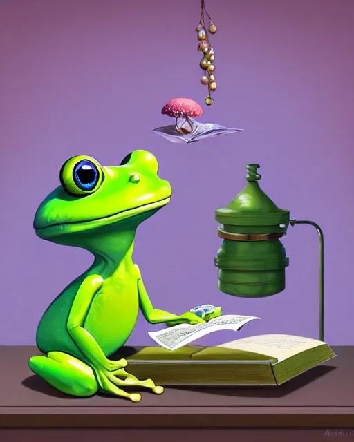 Image similar to anthropomorphic art of an elegant green frog, dressed as dendy, at the mushroom table, reading a book, by artgerm, victo ngai, ryohei hase, artstation, highly detailed digital painting, smooth, global illumination, fantasy art by greg rutkowsky, karl spitzweg, leyendecker