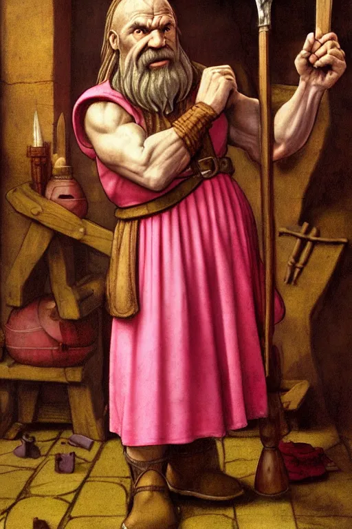 Image similar to male dwarfish cleric wearing only boots and a pink skirt, holding a holy symbol, he is preaching, he looks like he is insane. the background is a friendly tavern. The mood is friendly and welcoming. dungeons and dragons, highly detailed, digital painting, artstation, concept art, sharp focus, illustration, art by Leonardo da Vinci and Michelangelo and Botticelli