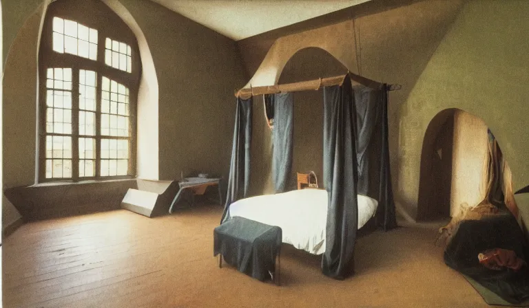 Image similar to A bedroom designed by Hieronymous Bosch, 35mm film, long shot