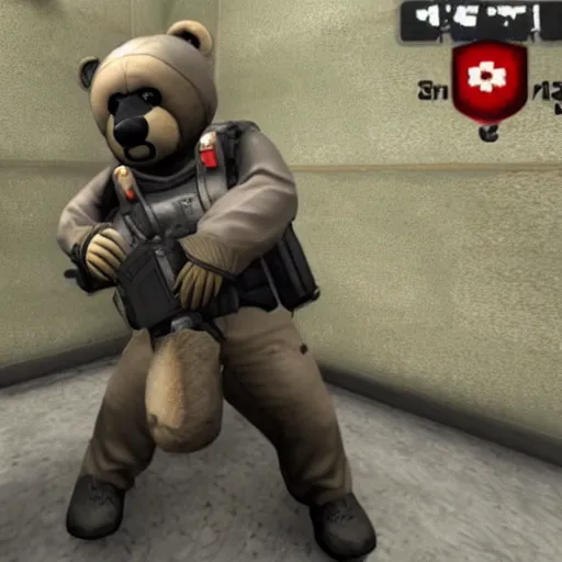 Image similar to a screenshot of a teddy bear inside a counter strike game, the teddy bear is holding a gun, the teddy bear is aiming at another teddy bear