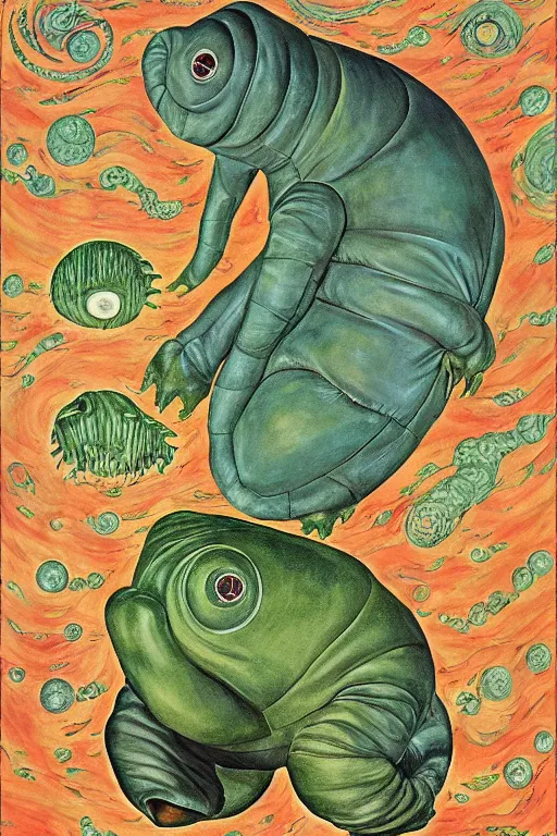 Prompt: giant tardigrade retro japanese monster slimy leather, poster, painting, 7 0 s vintage art, by georgia o keeffe, by gustave dore