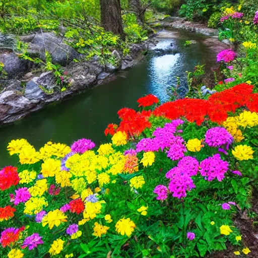 Image similar to colorful flowers growing next to a gentle creek
