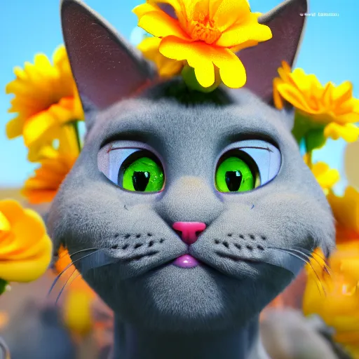 Image similar to tabi cat with flowers, anime, disney, pixar, 8 k, hd, dof, kodak film, volumetric lighting, subsurface scattering, photorealistic, octane render, details