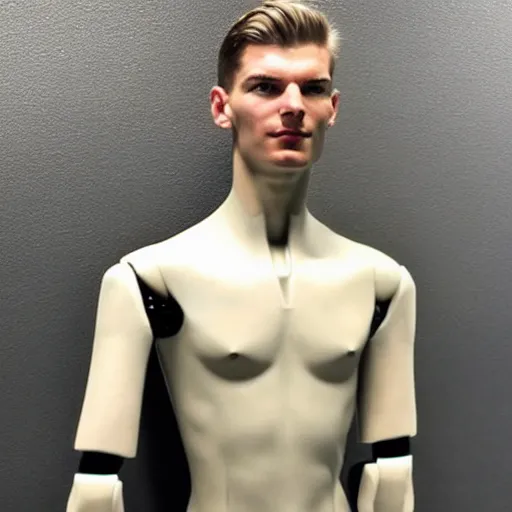 Image similar to “a realistic detailed photo of a guy who is an attractive humanoid who is half robot and half humanoid, who is a male android, Max Verstappen, shiny skin, posing like a statue, blank stare”